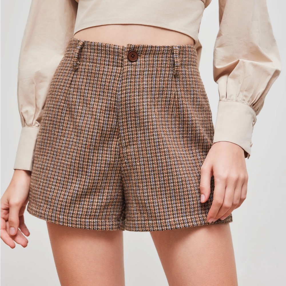 Cider Brown Plaid High-Waist Shorts